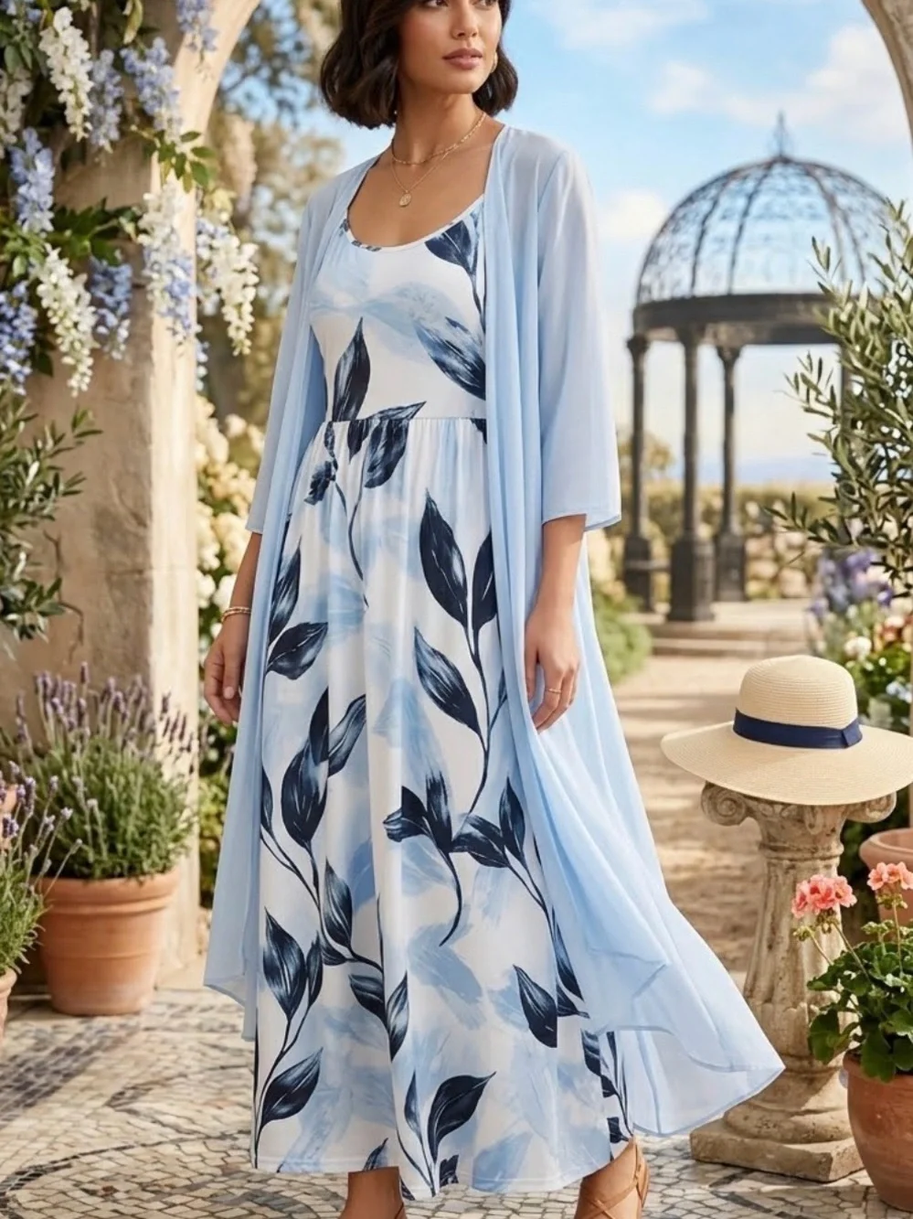 Shall We 2-piece sleeveless light blue floral maxi dress with sheer cardigan NWT
